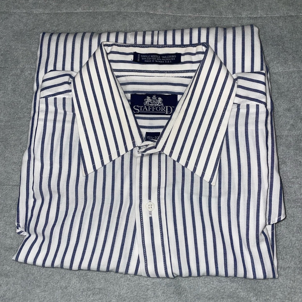 Stafford Men's White and Navy Striped Dress Shirt